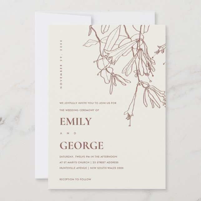BLUSH CREAM LINE DRAWING FLORAL WEDDING INVITE (Front)