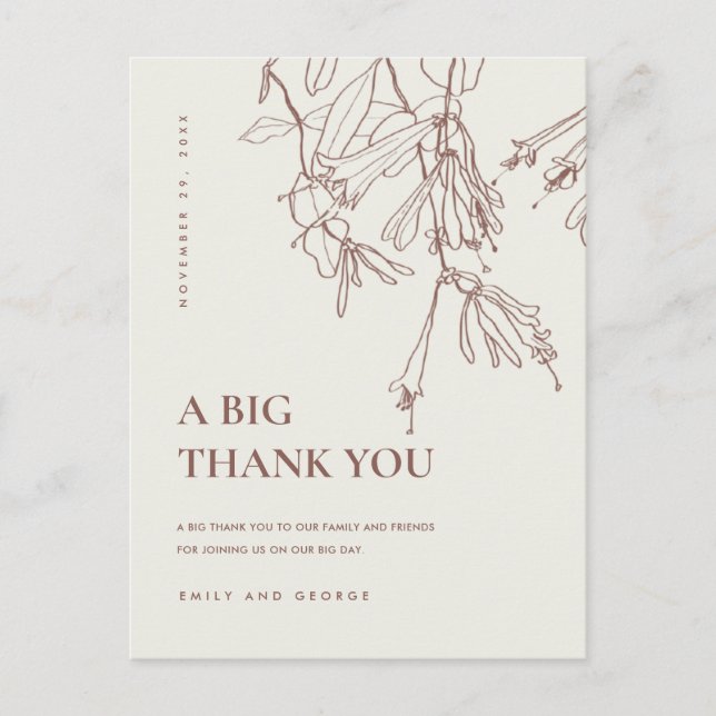 BLUSH CREAM LINE DRAWING FLORAL WEDDING THANK YOU ANNOUNCEMENT POSTCARD (Front)