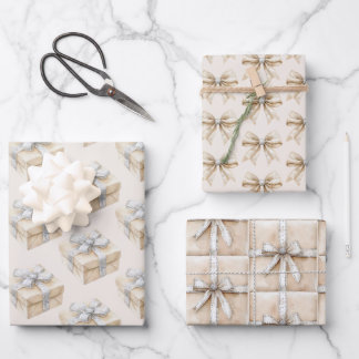 Blush Cream Silver Sparkle Bows Gifts Christmas Wrapping Paper Sheet