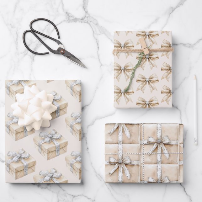 Blush Cream Silver Sparkle Bows Gifts Christmas Wrapping Paper Sheet (Front)