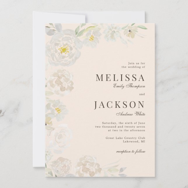 Blush & Cream Watercolor Roses Peach Wedding Invit Invitation (Front)