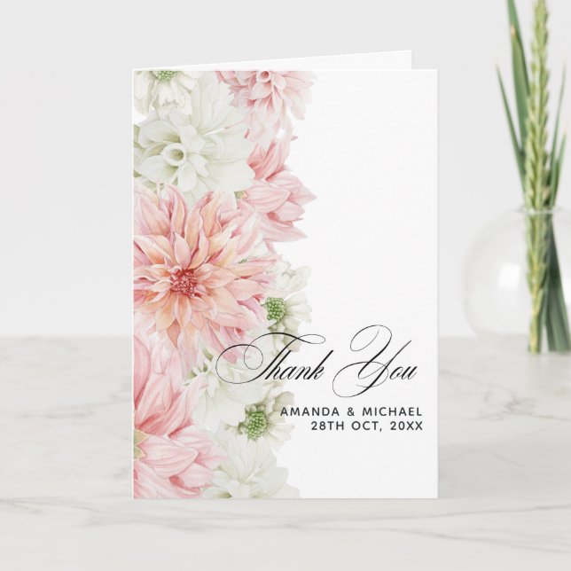 Blush Dahlias Floral Wedding Thank You Card (Front)