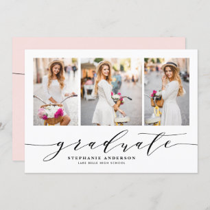 Blush Dainty Script Three Photo Graduation Party Invitation