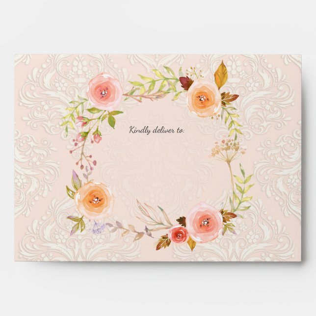 Blush Damask Watercolor Floral Wreath Baby Shower Envelope (Front)