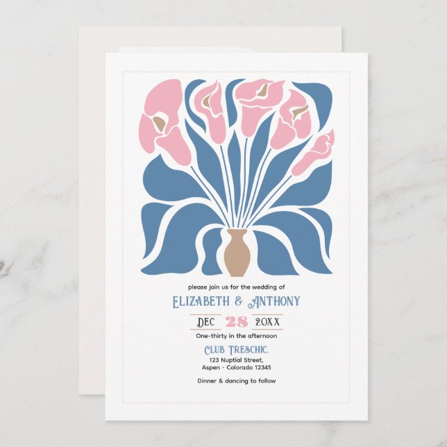 Blush & Denim Clay Abstract Floral Boho Wedding Invitation (Front/Back)