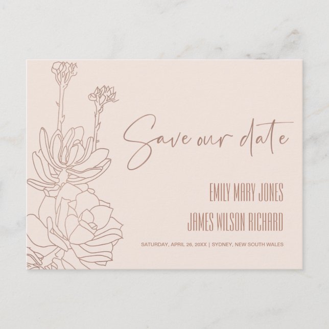 BLUSH DESERT CACTI SUCCULENT SKETCH SAVE THE DATE ANNOUNCEMENT POSTCARD (Front)