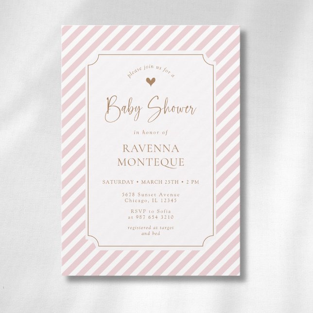 Blush Diagonal Striped Gold Frame Baby Shower Invitation (Creator Uploaded)