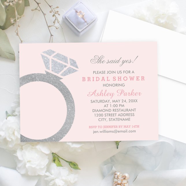 Blush Diamond Ring Glitter Wedding Bridal Shower Invitation (Creator Uploaded)
