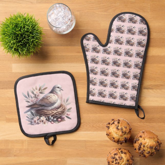 Blush Dove Nest with Flowers and Olive Branches Oven Mitt & Pot Holder Set (Top Down)