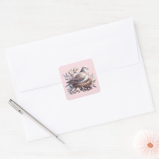 Blush Dove Nest with Flowers and Olive Branches Square Sticker (Envelope)