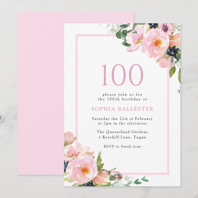 Blush Dreams Floral Womans 100th Birthday Party Invitation (Front/Back)