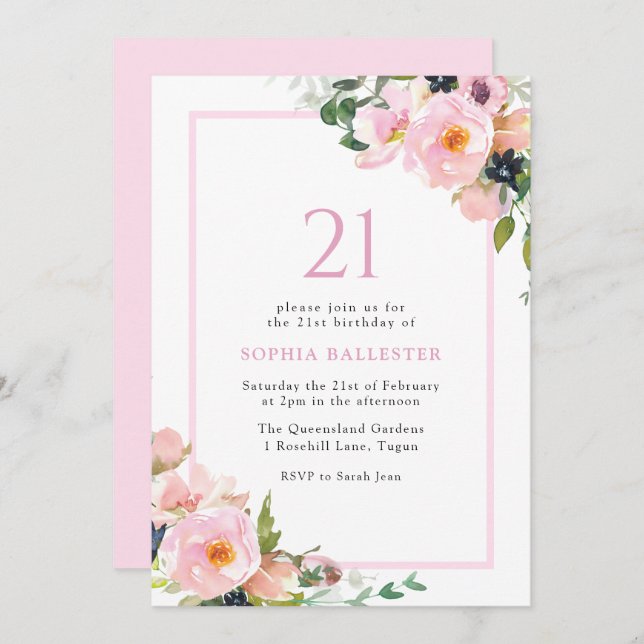 Blush Dreams Floral Womans 21st Birthday Party Invitation (Front/Back)