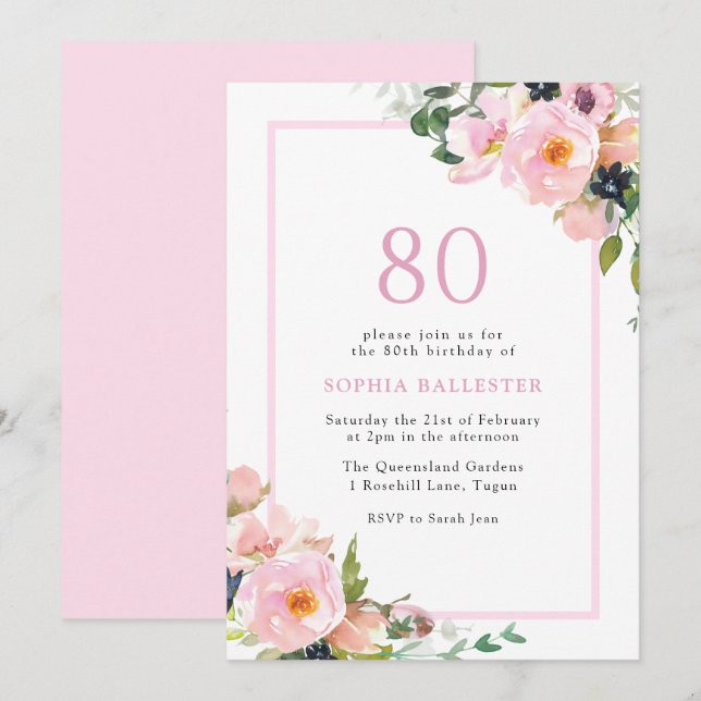 Blush Dreams Floral Womans 80th Birthday Party Invitation (Front/Back)