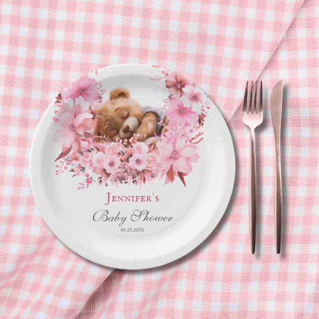 Blush Dreamy Teddy Bear Pink Baby Shower Paper Plate (Creator Uploaded)