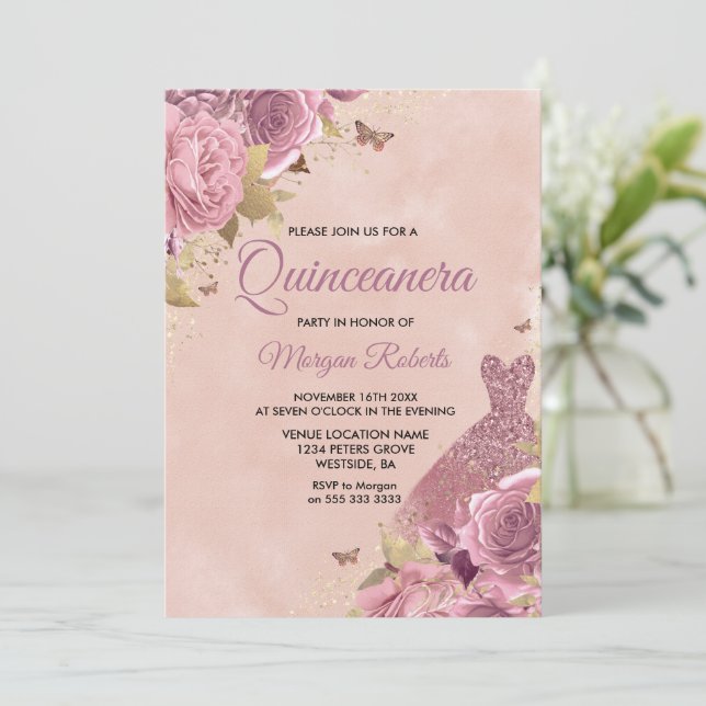 Blush Dress Dusty Rose Floral Quinceanera Party Invitation (Standing Front)