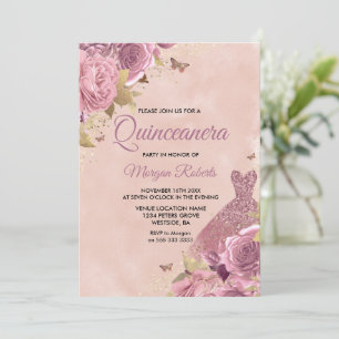 Blush Dress Dusty Rose Floral Quinceanera Party Invitation