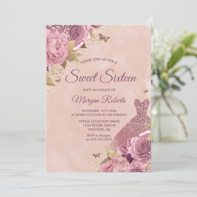 Blush Dress Dusty Rose Floral Sweet 16 Party Invitation (Standing Front)