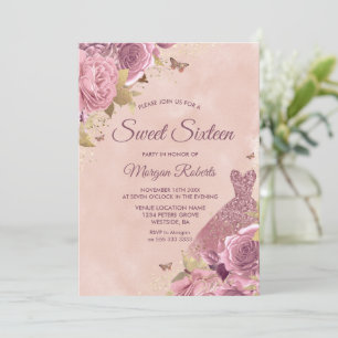 Blush Dress Dusty Rose Floral Sweet 16 Party Invitation