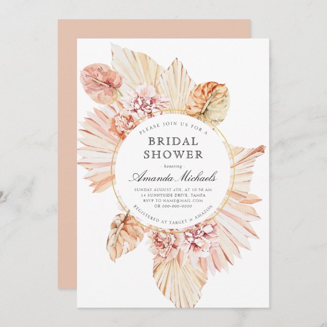 Blush Dried Palm Leaves Boho Chic Bridal Shower Invitation (Front/Back)