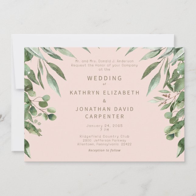Blush Dripping Eucalyptus Modern Wedding  Invitation (Front)