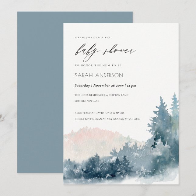 BLUSH DUSKY BLUE MOUNTAINS PINE BABY SHOWER INVITE (Front/Back)