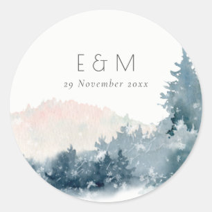 BLUSH DUSKY BLUE MOUNTAINS PINE MONOGRAM WEDDING CLASSIC ROUND STICKER