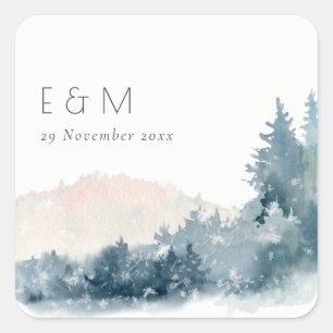 BLUSH DUSKY BLUE MOUNTAINS PINE MONOGRAM WEDDING SQUARE STICKER