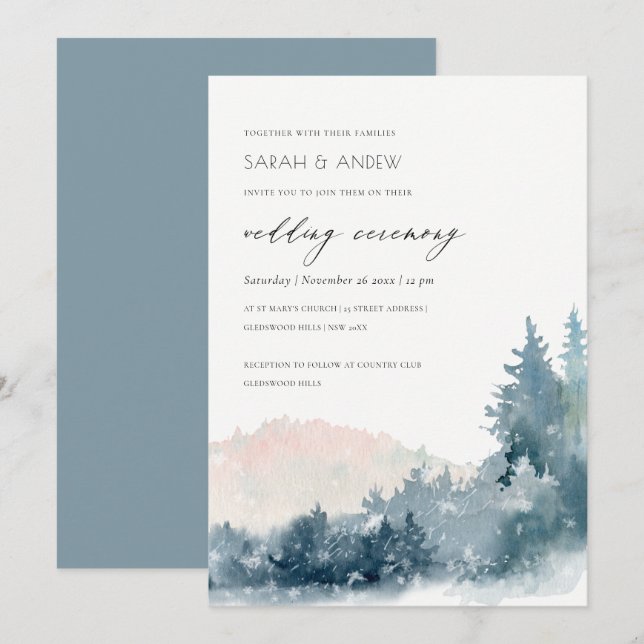 BLUSH DUSKY BLUE MOUNTAINS PINE WEDDING INVITE (Front/Back)