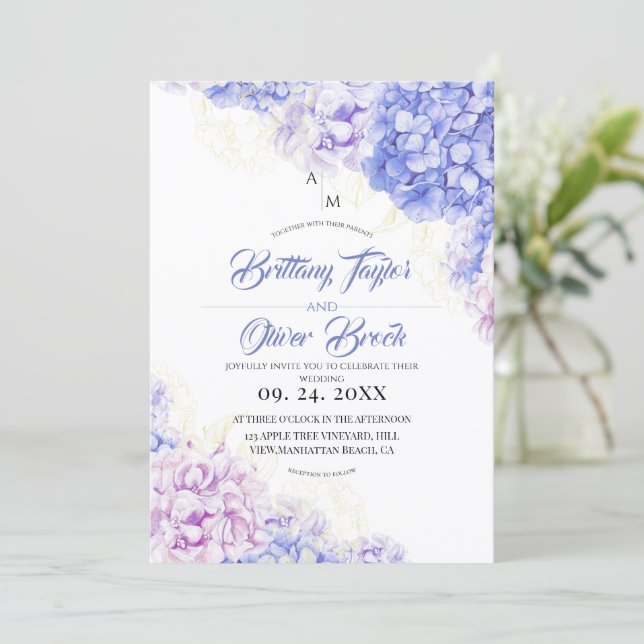 Blush Dusty and Navy Blue Hydrangea Wedding  Invitation (Standing Front)
