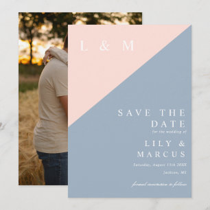 Blush Dusty Blue Minimalist Monogram Wedding Photo Save The Date