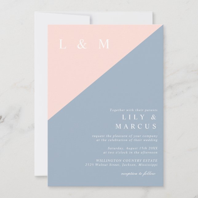 Blush Dusty Blue Minimalist Wedding Photo QR Code Invitation (Front)