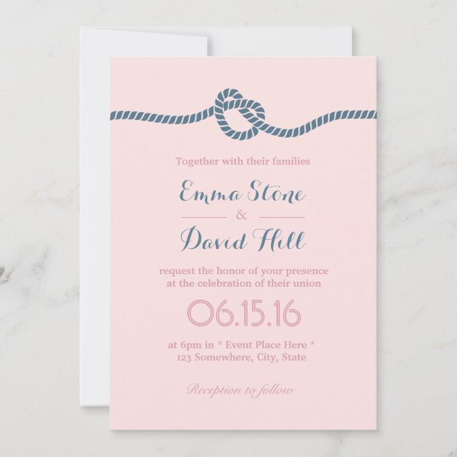 Blush & Dusty Blue Tying the Knot Wedding Invitation (Front)