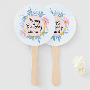  Blush Dusty Blue Watercolor Birthday Party Hand Fan