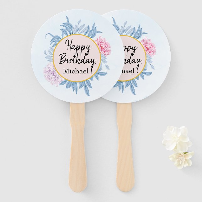  Blush Dusty Blue Watercolor Birthday Party Hand Fan (Front and Back)