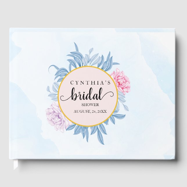 Blush Dusty Blue Watercolor Bridal Shower Guest Book (Front)
