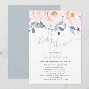 Blush & Dusty Blue Watercolor Floral Baby Shower Invitation