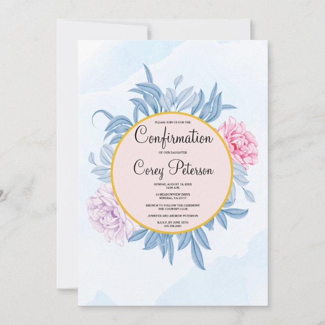 Blush Dusty Blue Watercolor Succulent Confirmation Invitation (Front)