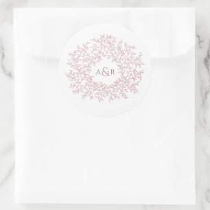 Blush dusty pink circle of leaves monogram wedding classic round sticker