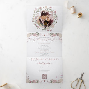 Blush Dusty Pink Earthy Hues Peony Floral Wedding Tri-Fold Invitation