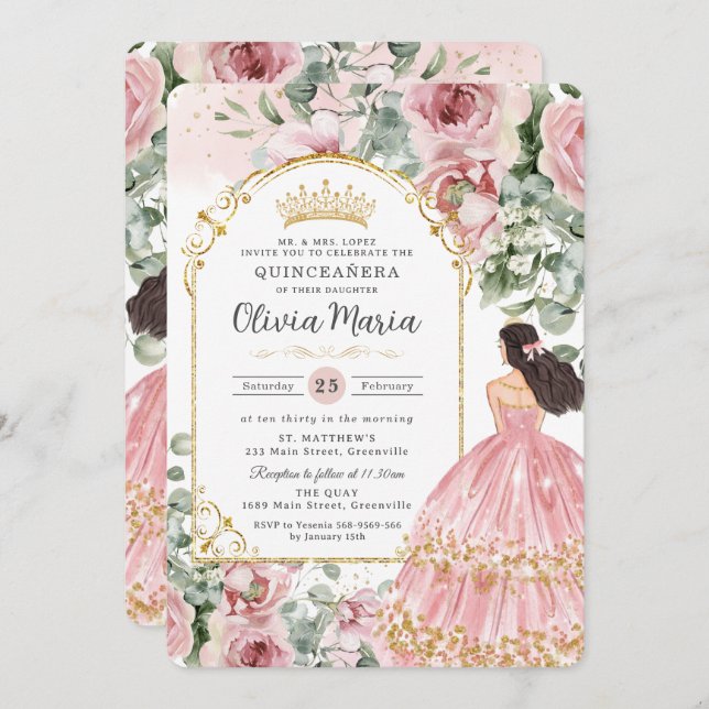 Blush Dusty Pink Floral Dress Quinceañera Sweet 16 Invitation (Front/Back)