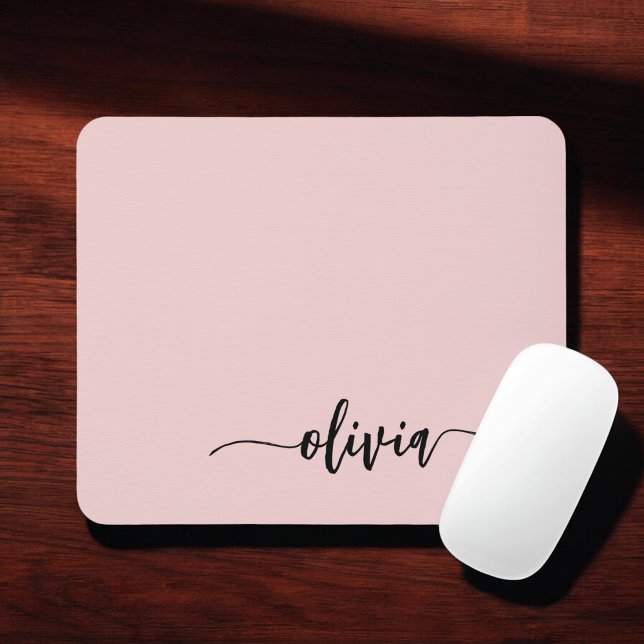 Blush Dusty Pink Girly Script Monogram Name Modern Mouse Mat (Creator Uploaded)