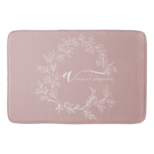 Blush Dusty Pink Modern Script Girly Monogram Name Bath Mat (Front)