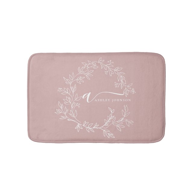 Blush Dusty Pink Modern Script Girly Monogram Name Bath Mat (Front)