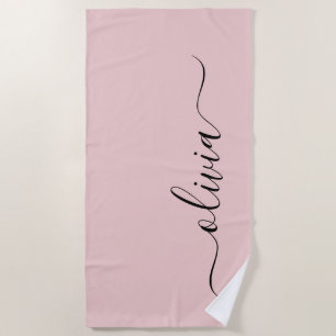 Blush Dusty Pink Modern Script Girly Monogram Name Beach Towel