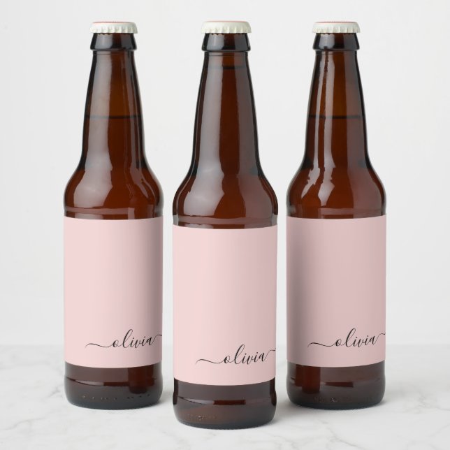 Blush Dusty Pink Modern Script Girly Monogram Name Beer Bottle Label (Bottles)