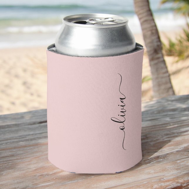 Blush Dusty Pink Modern Script Girly Monogram Name Can Cooler (Creator Uploaded)