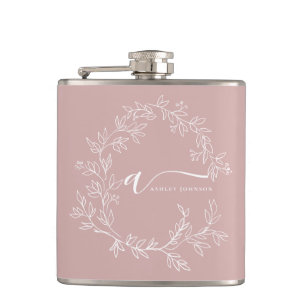 Blush Dusty Pink Modern Script Girly Monogram Name Hip Flask