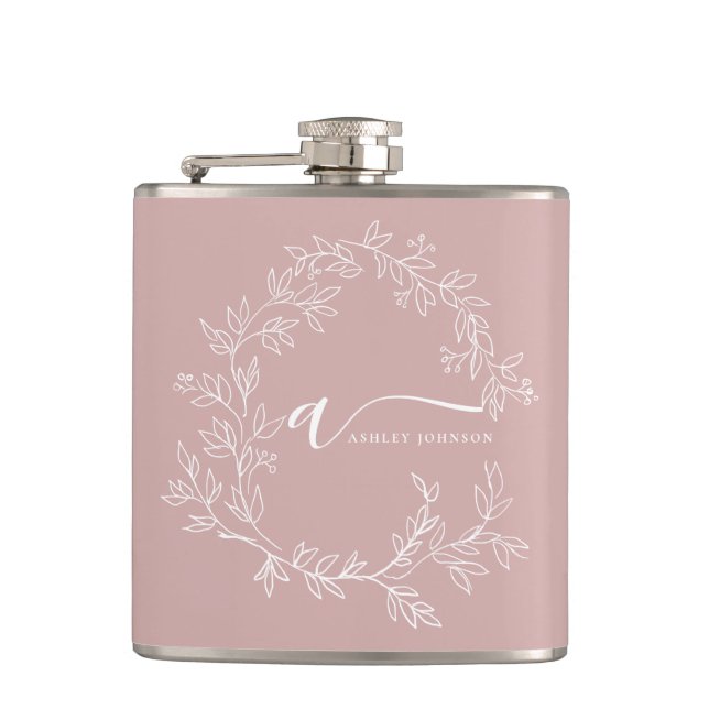 Blush Dusty Pink Modern Script Girly Monogram Name Hip Flask (Front)
