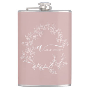 Blush Dusty Pink Modern Script Girly Monogram Name Hip Flask