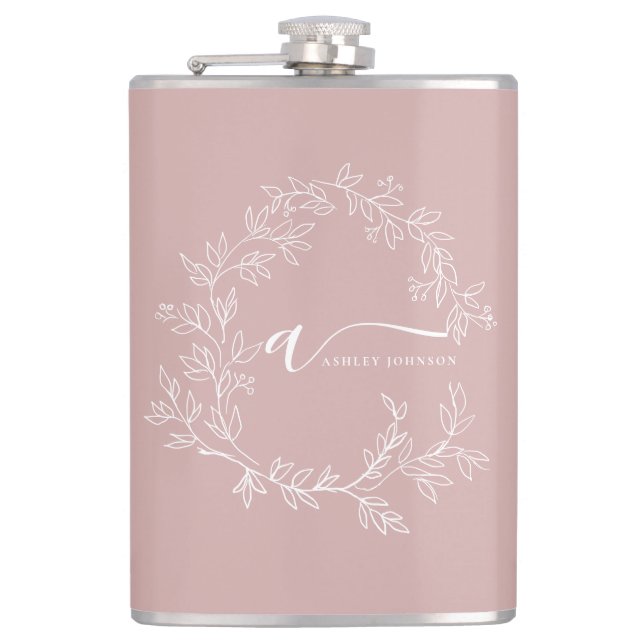 Blush Dusty Pink Modern Script Girly Monogram Name Hip Flask (Front)